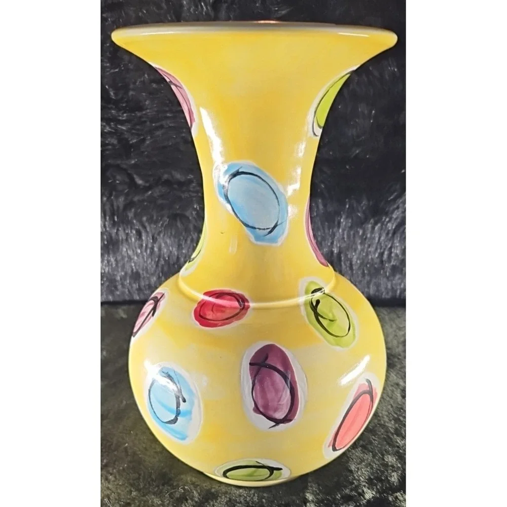 Yellow Vase with lots of color, Black/white inside Signed Thompson